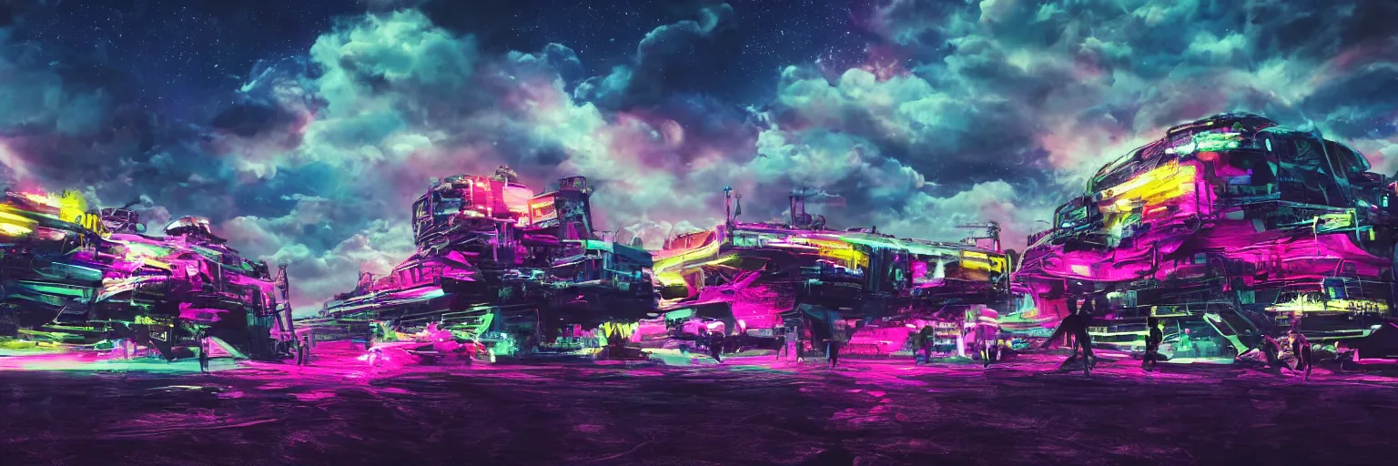 Prompt: spase dogs running with neon mohawks, space, dark, stars, pink, oil painting, pirate neon ship with punks on board, neon, rich deep colors masterpiece, ultra detailed, contrast, lots of roman arches, clouds, sky, volumetric light, atmospheric lighting, dramatic, cinematic, moody, octane render 4 k, 8 k