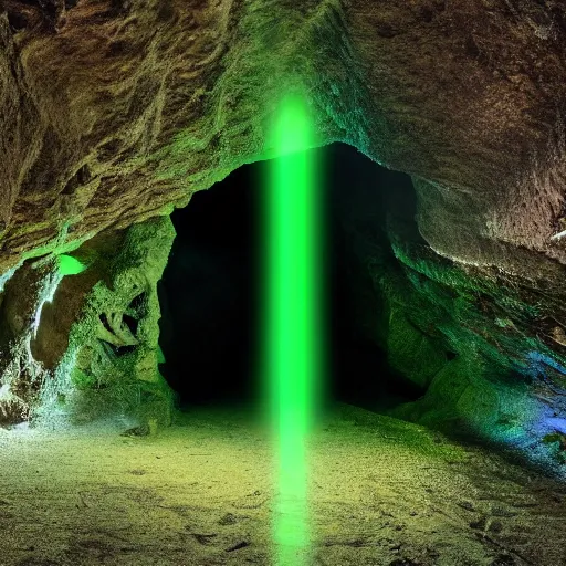 Prompt: a mysterious green light emanating from a cave entrance