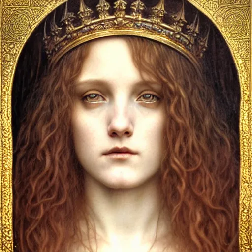 Image similar to detailed realistic beautiful young medieval queen face portrait by jean delville, tom bagshaw, brooke shaden, gustave dore and marco mazzoni, art nouveau, symbolist, visionary, gothic, pre - raphaelite, ornate gilded medieval icon, surreality, ethereal, unearthly