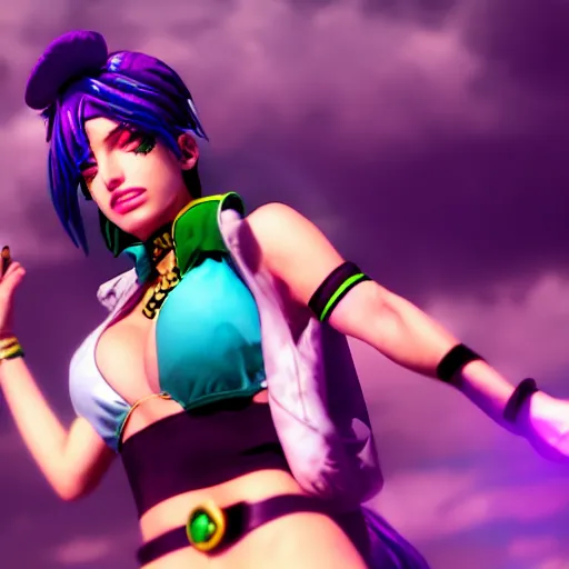 Image similar to cinematic scene with bella thorne as jolyne from jojo's bizarre adventure, stone ocean, dramatic, small details, volumetric lighting, still frame