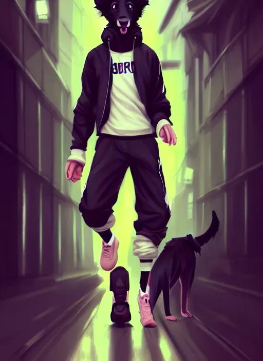 Image similar to wide angle beautiful full body portrait of a cute male anthropomorphic anthro border collie fursona wearing a tracksuit in a dark city, character design by charlie bowater, henry asencio, and ross tran, furry art, furaffinity, beautiful, glamor pose, detailed, aesthetic, trending on artstation