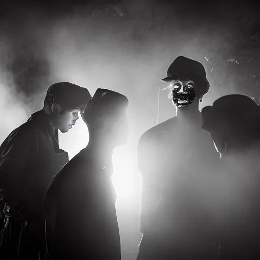 Image similar to an old 5 0 mm photo of a group of men putting on clown makeup in a dark foggy alley