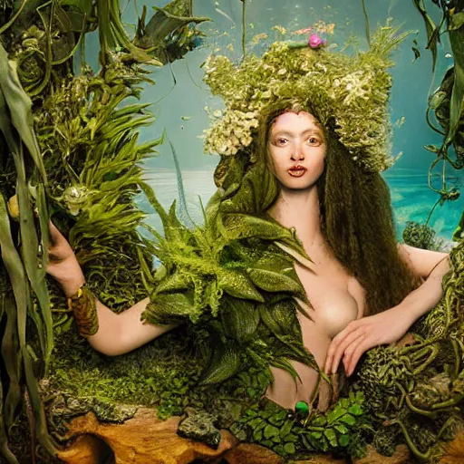 Prompt: a underwater mythological scene of a mermaid being wrapped in plants by jan van eyck, ernst fuchs, nicholas kalmakoff, joep hommerson, fish eye lense, fashion editorial, make - up artist, prosthetic makeup