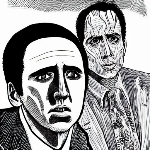 Image similar to an illustration of Nicholas Cage by Junji Ito