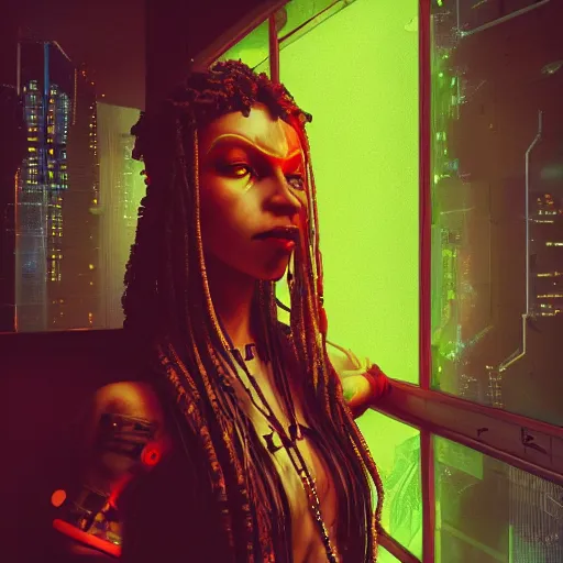 Image similar to Cyberpunk rasta woman, dark atmosphere, cinematic shot, intricate, ornate, photorealistic, ultra detailed, realistic, 35mm, photography, neon, octane, high definition, depth of field, bokeh, 8k, artstation, (alphonse mucha), (hr giger)