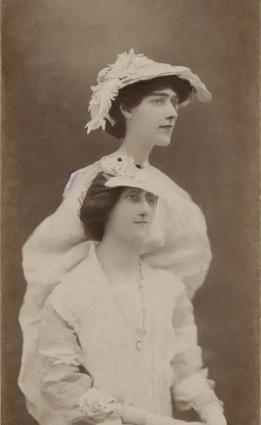 Image similar to portrait! of a lovely lady! wearing a big hat! edwardian haircut! 1 9 0 0 s! edwardian dress! flowers behind her!