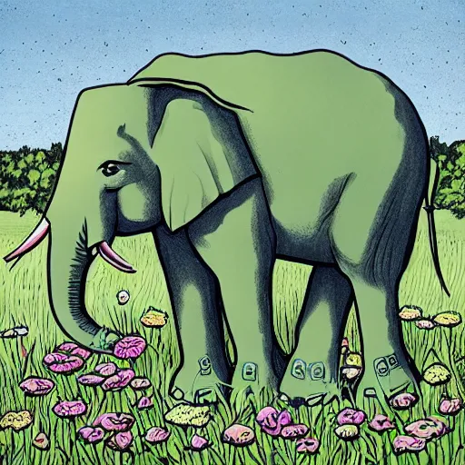 Prompt: an elephant on a green meadow art by Sam Bosma
