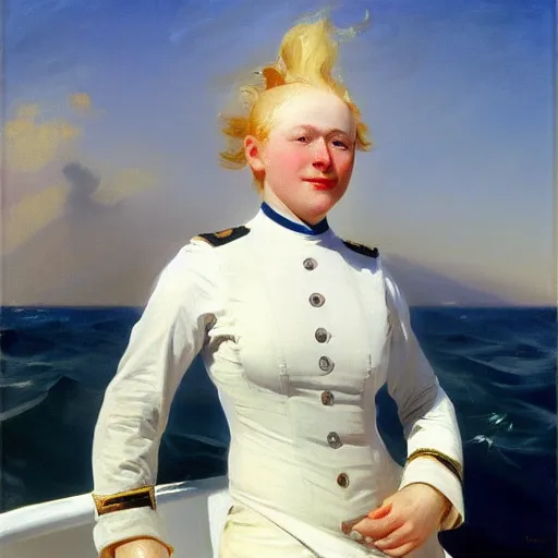 Prompt: painting of a muscular albino female sailor woman with broad shoulders, flowing white hair, and a confident smile, naval uniform, on a boat at sea. painting by john singer sargent and ivan aivazovsky, 4 k hd artstation