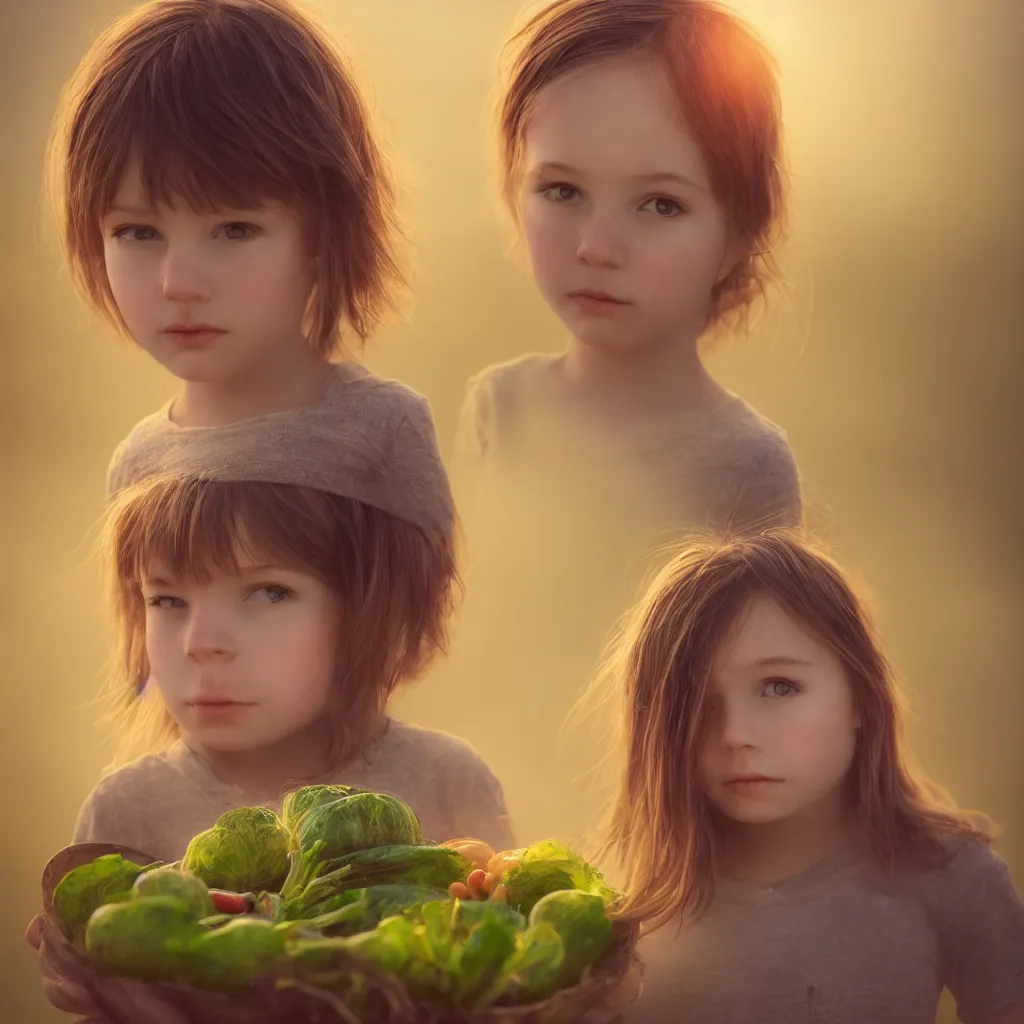 Image similar to Beautiful aesthetically pleasing single female child portrait, centered portrait, Confident holding vegetables, lush farm lands, fog, volumetric lighting beautiful, golden hour, sharp focus, ultra detailed, conceptartworld, Dr Zeuscomic art