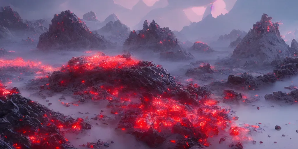 Image similar to a epic landscape full of big red crystals spikes emerging from the ground, concept art, octane render, unreal engine 5, trending on artstation, greg rutkowski, hyperrealistic, highly detailed, high quality, 8 k, dramatic lighting, cinematic, high coherence, high contrast, digital art, high definition, path traced, night