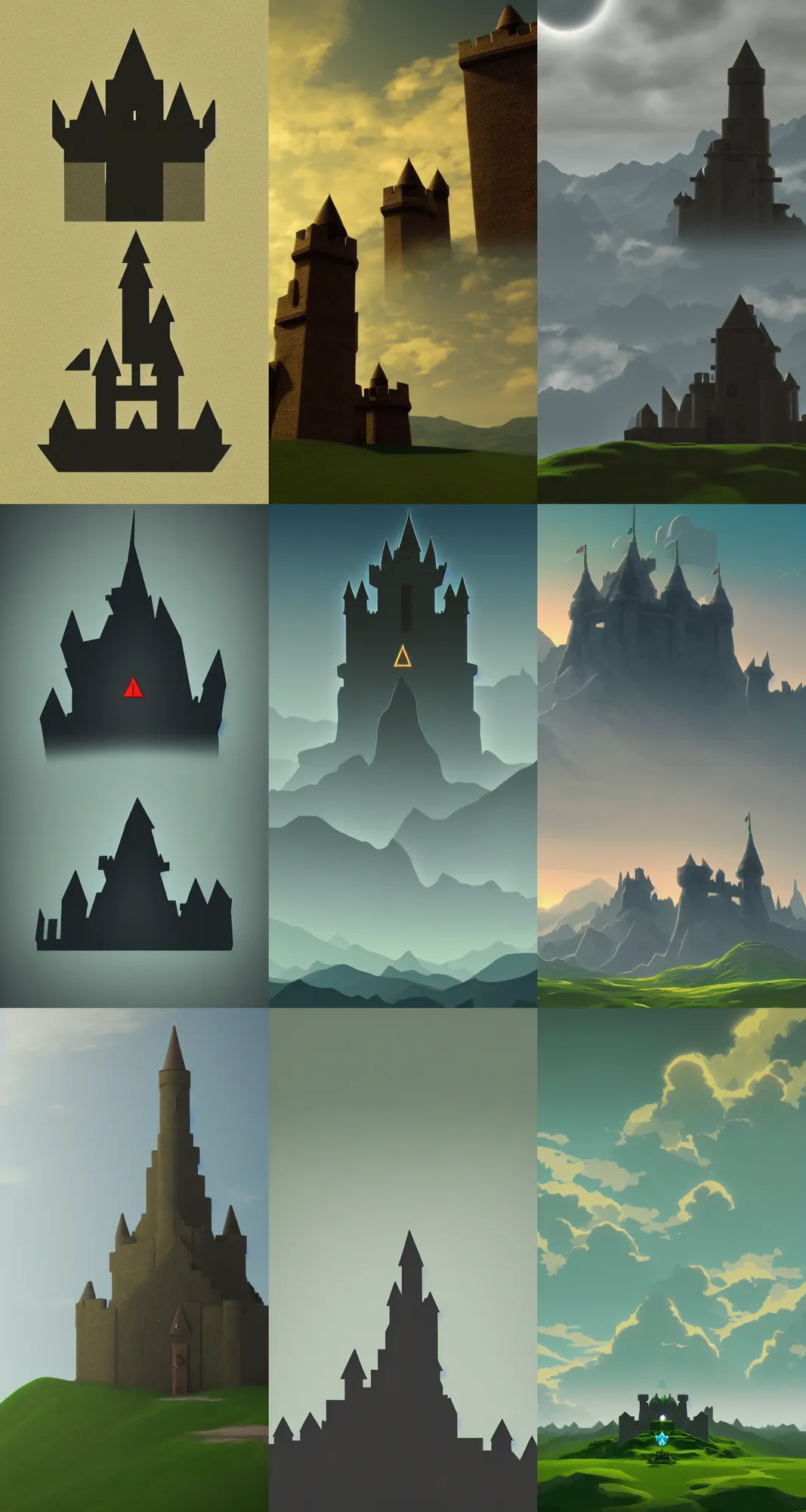 Prompt: hyrule castle, horizon, minimalist wallpaper, dark background, desktop background, behance, artstation, deviantart