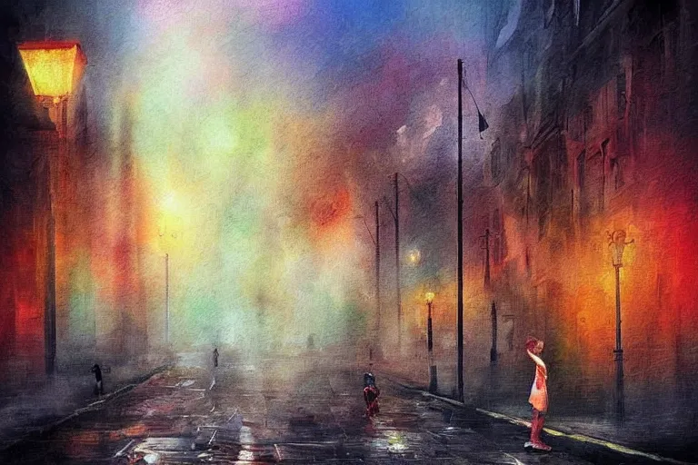 Image similar to amazing landscape painting with moody zealots, crying in the street and unusual colors, random-artist-blend