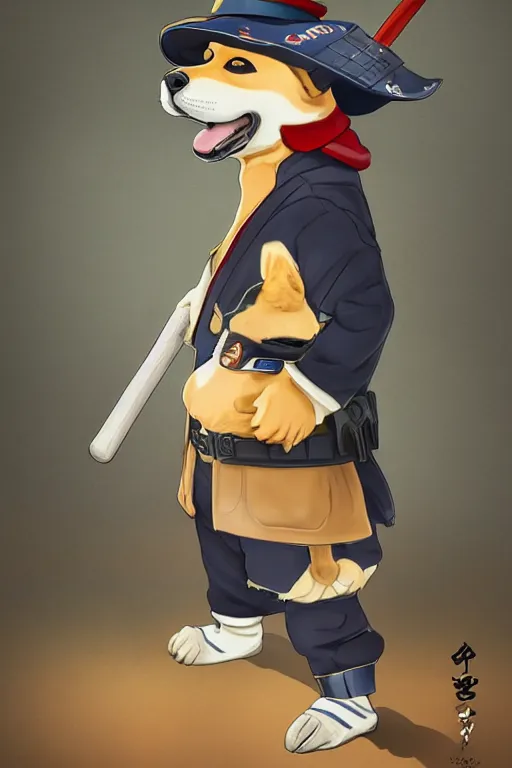 Image similar to shiba inu holding a baseball bat, wearing a police uniform on his bady, wearing a japanese traditional hat on his head, character design, highly detailed digital art, atmosphere, cinematic lightning, hyperrealistic, focused, extreme details, 4 k, ultra detailed, trending on artstation, masterpiece