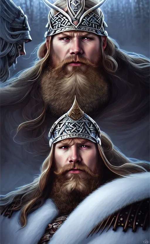 Prompt: moonstone viking warrior, regal, elegant, winter, snow, beautiful, stunning, hd, illustration, epic, d & d, fantasy, intricate, elegant, highly detailed, wide angle, digital painting, artstation, concept art, smooth, sharp focus, illustration, wallpaper, art by artgerm and greg rutkowski and alphonse mucha and jin xiaodi