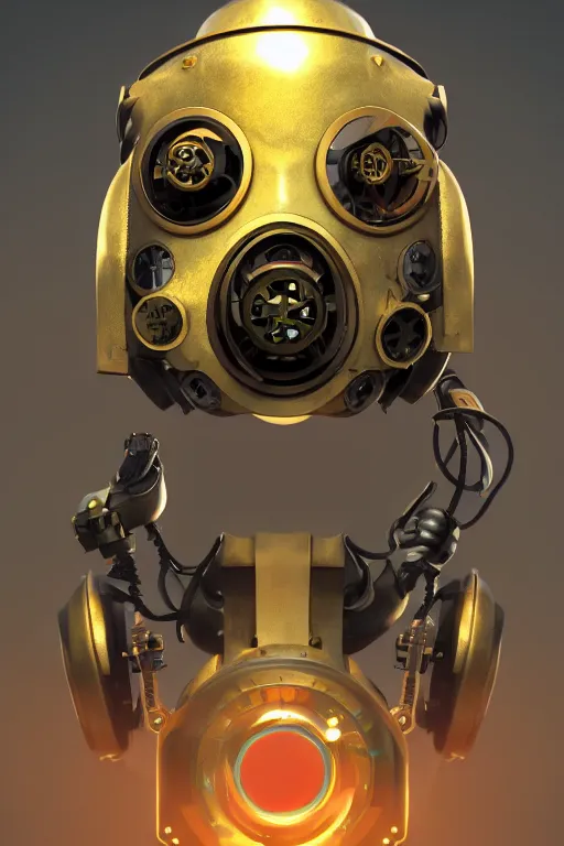 Image similar to steampunk mask minimalist fantasy art robot ninja helmet, global illumination ray tracing hdr fanart arstation by sung choi and eric pfeiffer and gabriel garza and casper konefal radiating a glowing aura