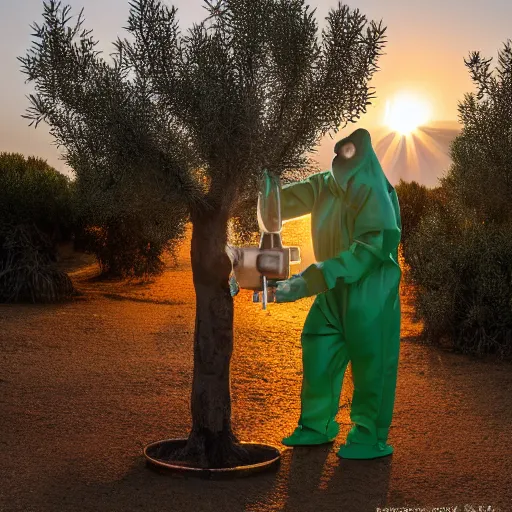 Prompt: a chimpanzee dressed in a chemical protection suit is injecting a olive tree with blue liquid, syringes, toxic, monkey face, scientific field trial, in puglia italy, sunset, beautiful lighting, chemical equipment, photograph, canon eos, f 8, iso 4 0 0, photography