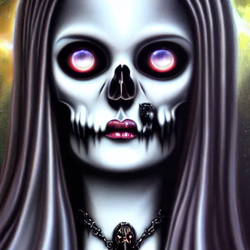 Image similar to close up portrait, goddess of death, by anne stokes, photorealism, highly detailed