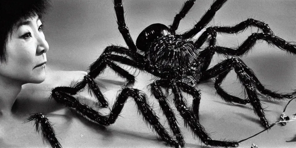 Image similar to Yoko Ono as the giant spider Shelob from Lord of the Rings, Directed by Stanley Kubrick, 1970, 35mm