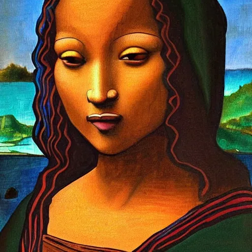 Image similar to an african woman's painting in the style of mona lisa by leonardo da vinci