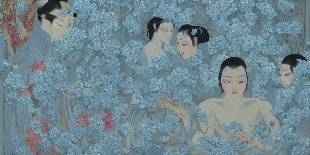 Prompt: breathtaking detailed concept art painting art deco pattern of japanese faces goddesses amalmation light - blue flowers with anxious piercing eyes and blend of flowers and birds, by hsiao - ron cheng and john james audubon, bizarre compositions, exquisite detail, extremely moody lighting, 8 k