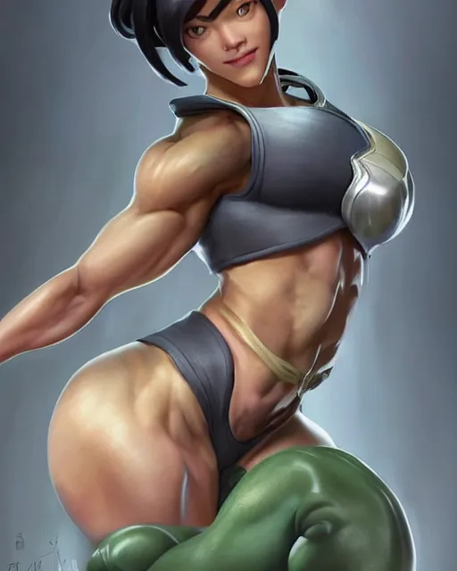 Image similar to full figure ultra realistic illustration, toph from avatar last airbender as thick female bodybuilder zarya from overwatch smiling with closed eyes, intricate, elegant, highly detailed, digital painting, artstation, concept art, smooth, sharp focus, illustration, art by artgerm and greg rutkowski and alphonse mucha