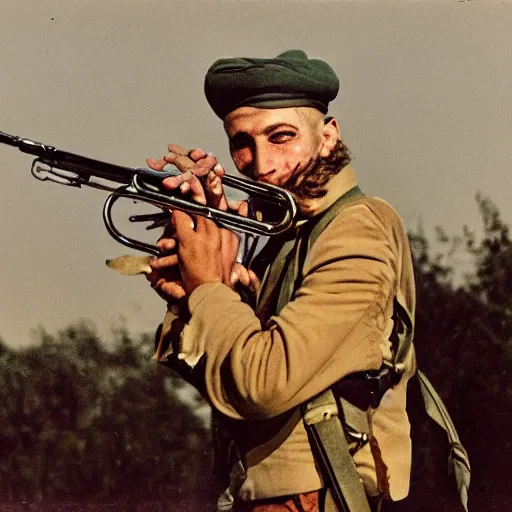 Image similar to A gypsy paratrooper with rifle blowing his trumpet