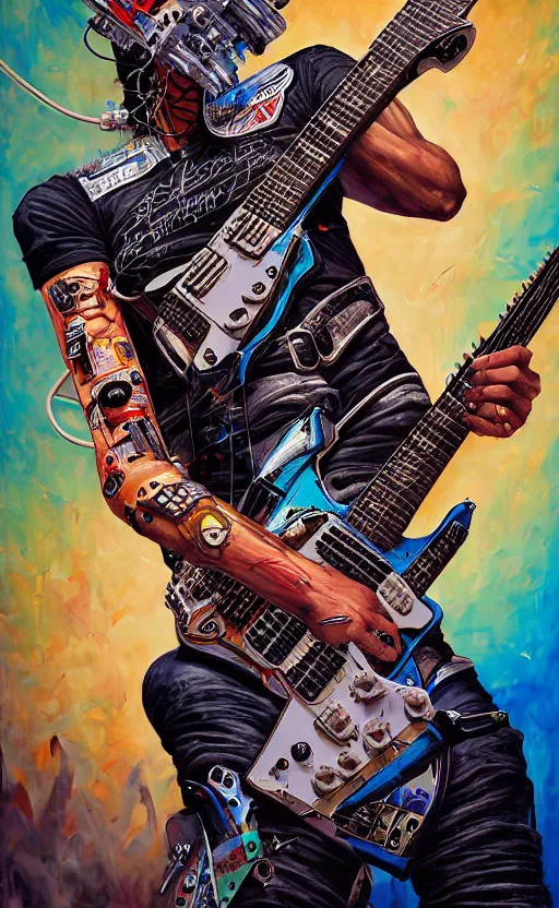 Prompt: a portrait of an anthropomorphic cyberpunk ax, shredding an electric guitar by sandra chevrier, by jon foster, detailed render, epic composition, cybernetics, 4 k realistic, fender stratocaster, cryengine, realistic shaded lighting, sharp focus, masterpiece, by enki bilal