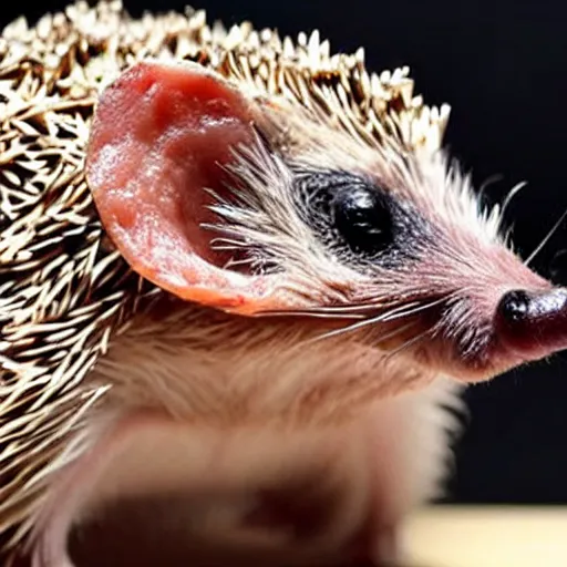 Image similar to still image of a cute hedgehog with pepperoni stuck to its back, photo