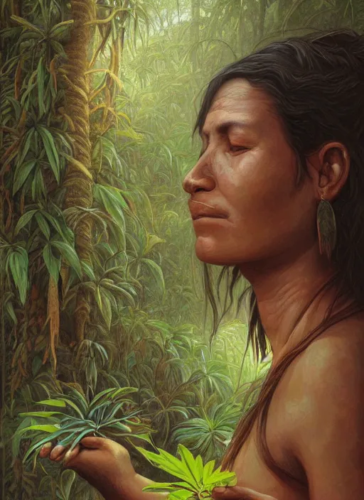 Image similar to a beautiful close up portrait of an indigenous woman holding medicinal plants in the jungle, highly detailed, art by christophe vacher