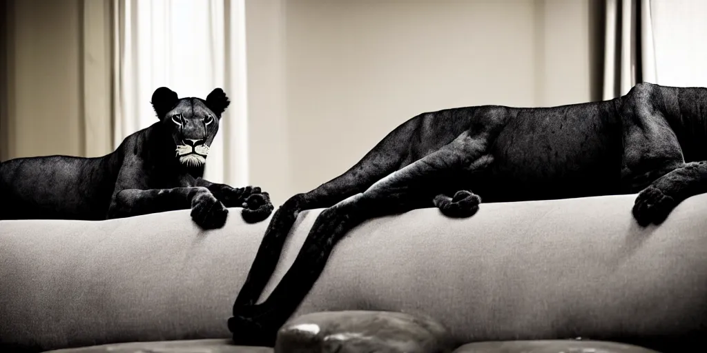 Image similar to the smooth black lioness, made of smooth black goo, laying on the couch in the living room after bathing in the ferrofluid, viscous, sticky, full of tar, covered with black goo. photography, dslr, reflections, black goo