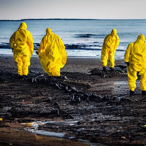 Image similar to Professional Photography, long shot, People in yellow chemical hazmat suits are investigating a huge creepy black creature washed up on the beach.