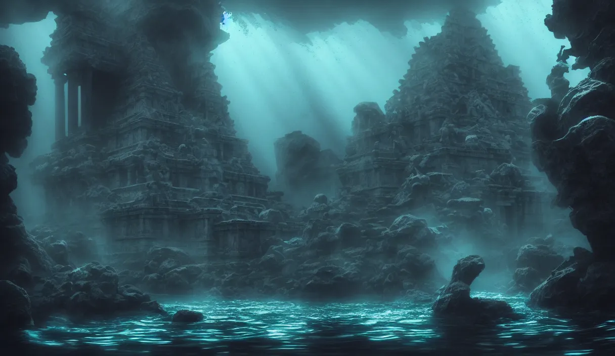 Image similar to low ultrawide shot, dark, underwater statues, submerged pre - incan temple with carvings, abyss, stylized, anime style mixed with fujifilm, detailed gouache paintings, crepuscular rays, dark, murky, foggy, atmospheric, artstation, cgsociety, unreal engine 5, octane render