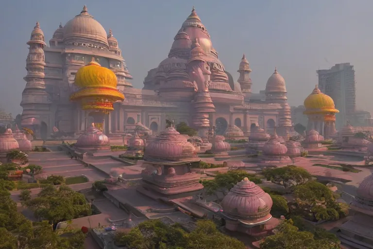 Image similar to beautiful futuristic new delhi, sharp sci - fi ganesha!! building, kalighat flowers, octane highly detailed cinematic, stephen shore & john j. park, soft morning light, wide shot, high angle, uhd 8 k, shallow depth of field