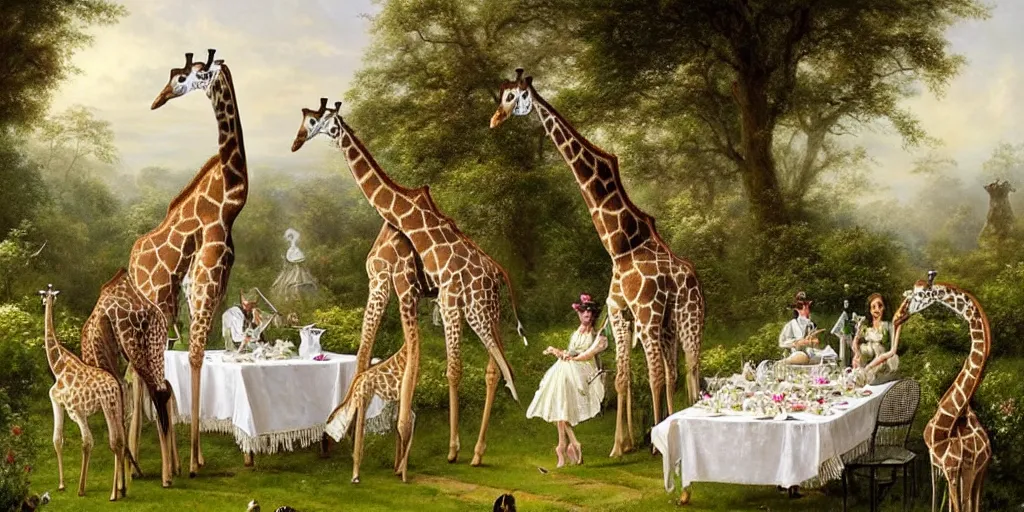 Image similar to elegant victorian tea party with giraffes in an english summer garden patio, hyper realistic greg rutkowski - h 7 6 8