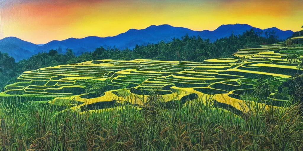 Image similar to painting of rice terraces in the evening