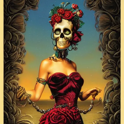 Image similar to a beautiful fancy skull lady by dan mumford and gil elvgren