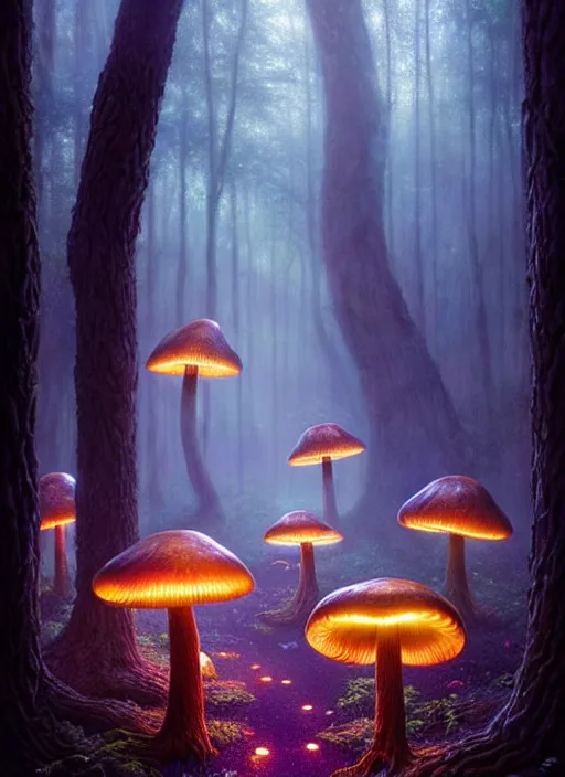 Image similar to an enchanted forest at night illuminated by glowing mushrooms, diffuse lighting, fantasy, intricate, surrealism!!!!, highly detailed, lifelike, photorealistic, digital painting, artstation, illustration, concept art, smooth, sharp focus, by greg rutkowski, chris tulloch mccabe, valentina remenar and asher duran,