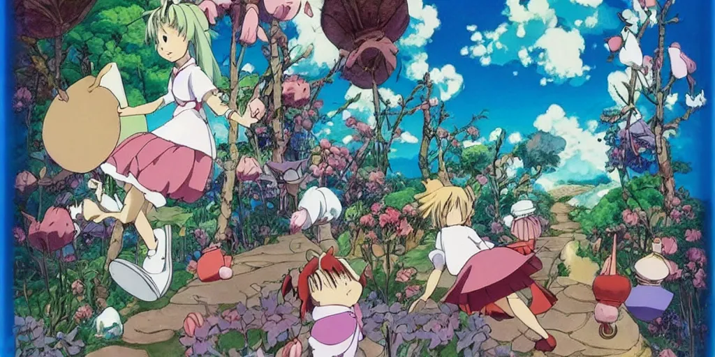 Image similar to alice in wonderland anime made by hayao miyazaki, dreamy, bright, colorful