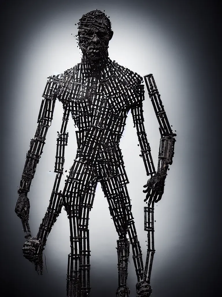 Image similar to a perfect portrait photograph, of an exploded man, every part is joined together by iron rods. perfect focus and studio lighting.