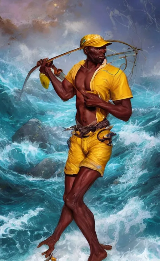 Prompt: character concept of a singular Jamaican fisherman posing in a battle stance in the Jamaican sea, colors of Jamaica, full-body character concept, cinematic, by Ross Tran and Artgerm and Peter Mohrbacher