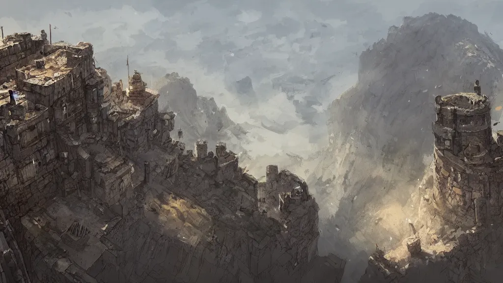 Prompt: top down view of fortified mountain bastion, chimneys, smoke trails, papyrus, watercolored, jakub rozalski, dark colours, dishonored, artstation