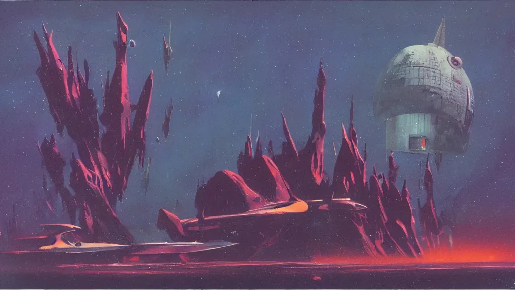 Image similar to spaceship design by paul lehr and jack gaughan and john schoenherr, epic cinematic matte painting