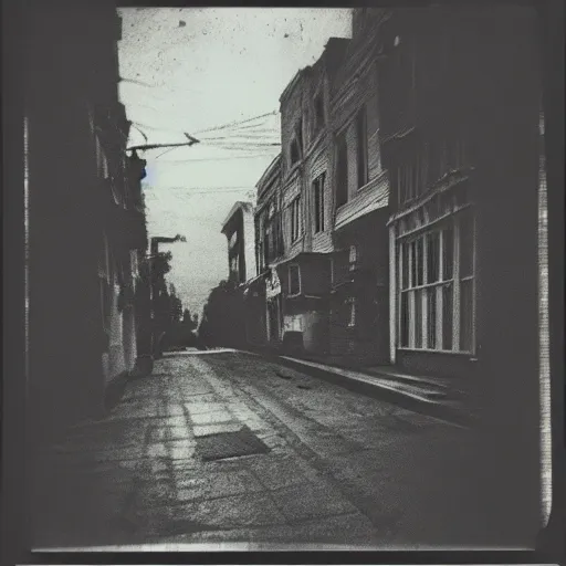 Prompt: A polaroid of aa street with no one on it but a horrifying creature. Black and white, grainy, dark colors, cinematic lighting, hyper detailed.