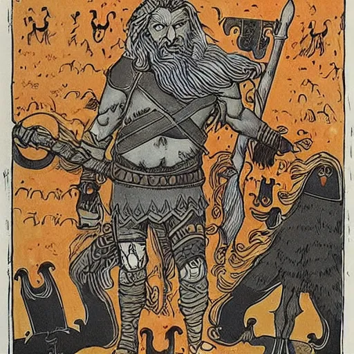 Image similar to odin with huggin and munning on his shoulders walking through the sea of death, followed by the valkyries. he is holding gungir in his right hand