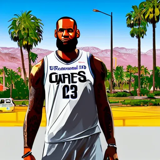 Image similar to Lebron James in GTA V . Los Santos in background, palm trees. in the art style of Stephen Bliss