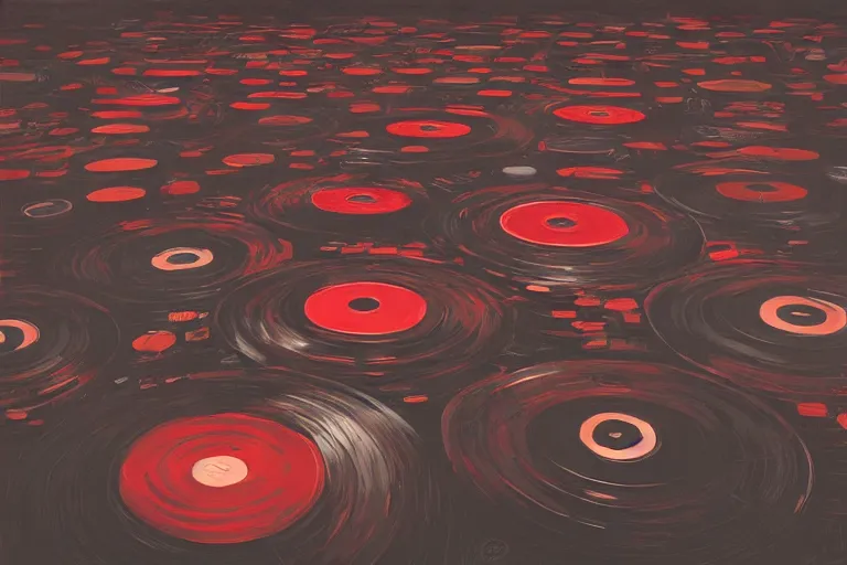 Prompt: an expressive painting of a floor of vinyl records, dark background, red rim light, digital art, artstation, concept art by giger stalenhag