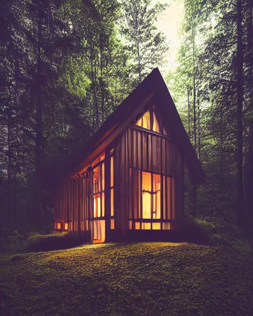 Prompt: an exquisite wooden house in the middle of a lush forest at night, minimalist design, architectural photography, dark and dim lighting, beautiful, tranquil, moody, cinematic, fantasy, 3 5 mm lens, volumetric lighting, first person view, photographic render, hyper realistic