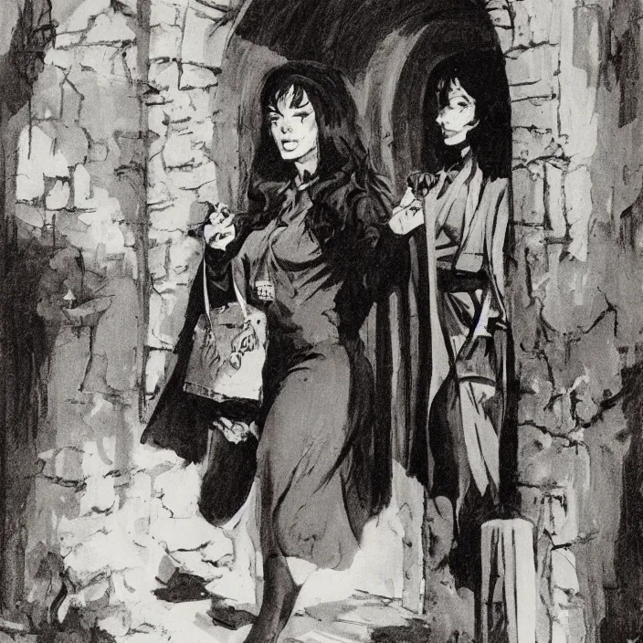 Image similar to female aurors at entrance of hogwarts by frank frazetta