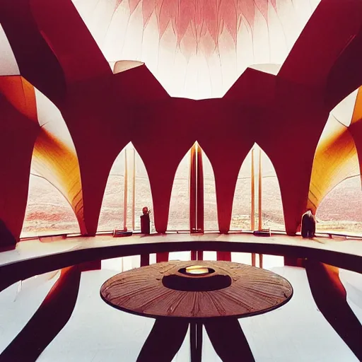 Image similar to interior of a futuristic lotus temple with gold, red and white marble panels, shafts of sunlight in the centre, in the desert, by buckminster fuller and syd mead, intricate contemporary architecture with art nouveau motifs, photo journalism, photography, cinematic, national geographic photoshoot