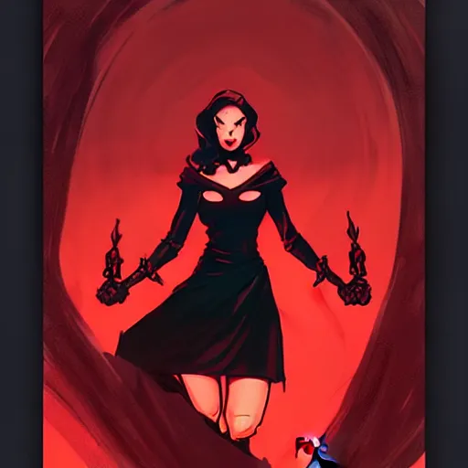 Image similar to rafael albuquerque comic art, peter mohrbacher, phil noto, artgerm, pretty evil elizabeth olson witch, black and red dress, symmetrical eyes